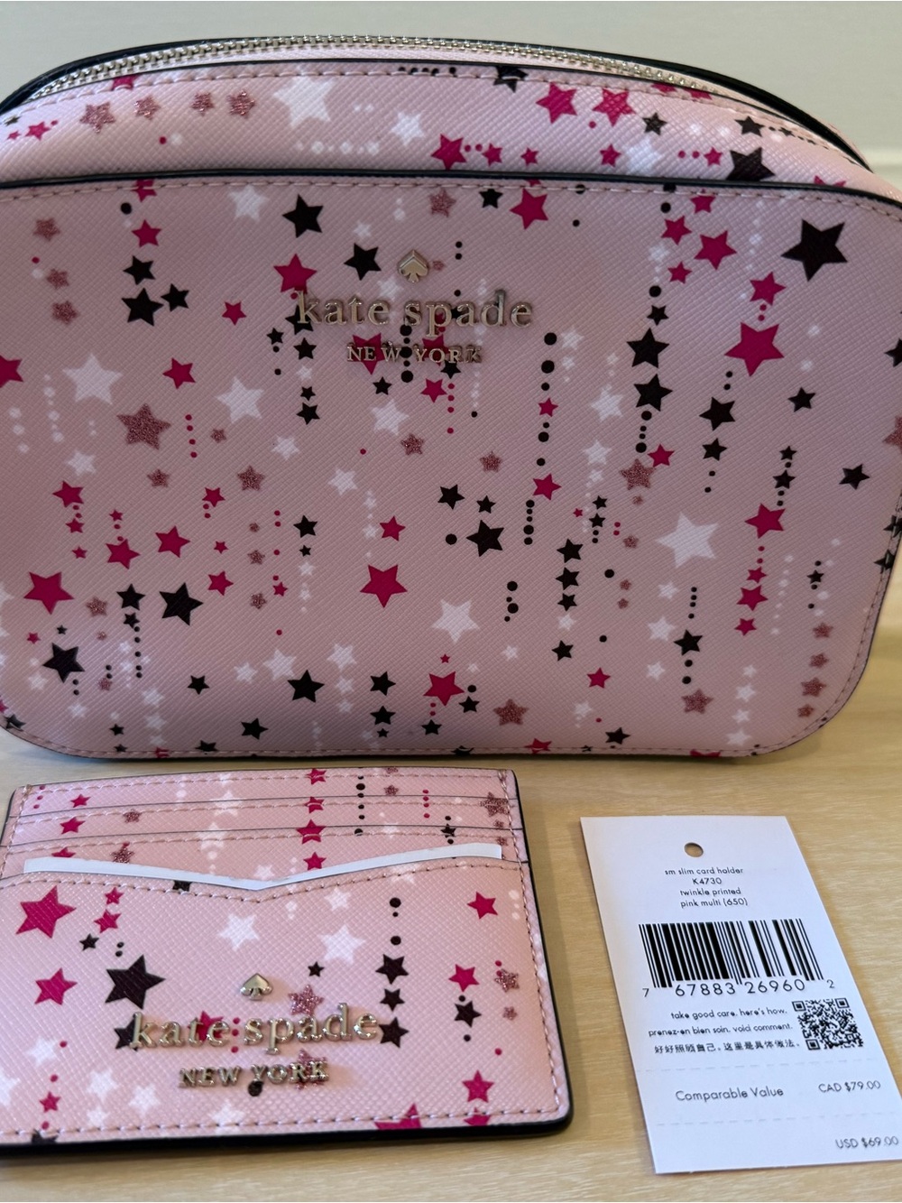 kate spade pink star print crossbody camera bag